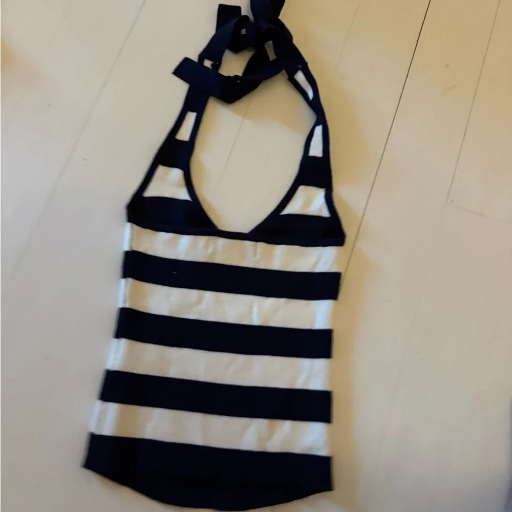 Frankie's Bikinis Navy and White Striped Halter Tank - Picture 3 of 4